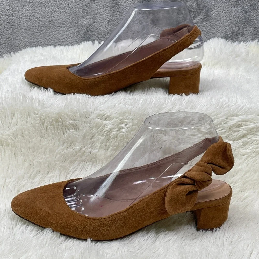 J.Crew Slingback Pumps Women 6 Brown Excellent Bow Suede Block Heel Pointed Toe